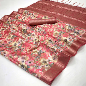 Stylish Gajari Pink Floral Woven & Digital Printed Silk Blend Saree With Tassel Pallu