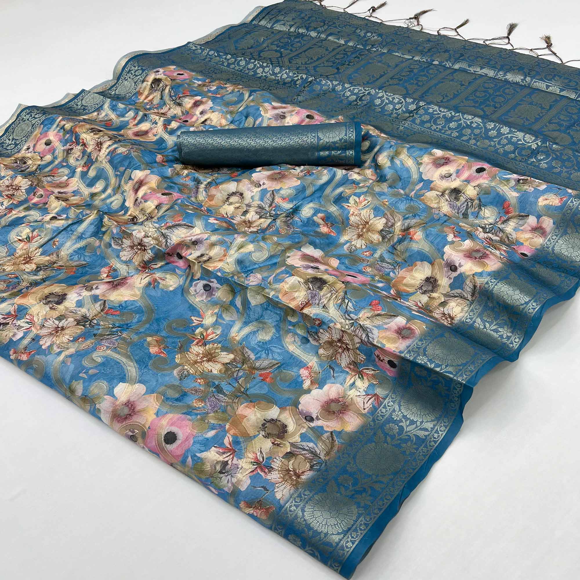 Stylish Blue Floral Woven & Digital Printed Silk Blend Saree With Tassel Pallu