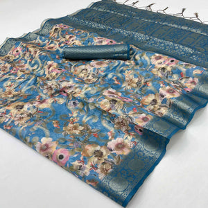 Stylish Blue Floral Woven & Digital Printed Silk Blend Saree With Tassel Pallu