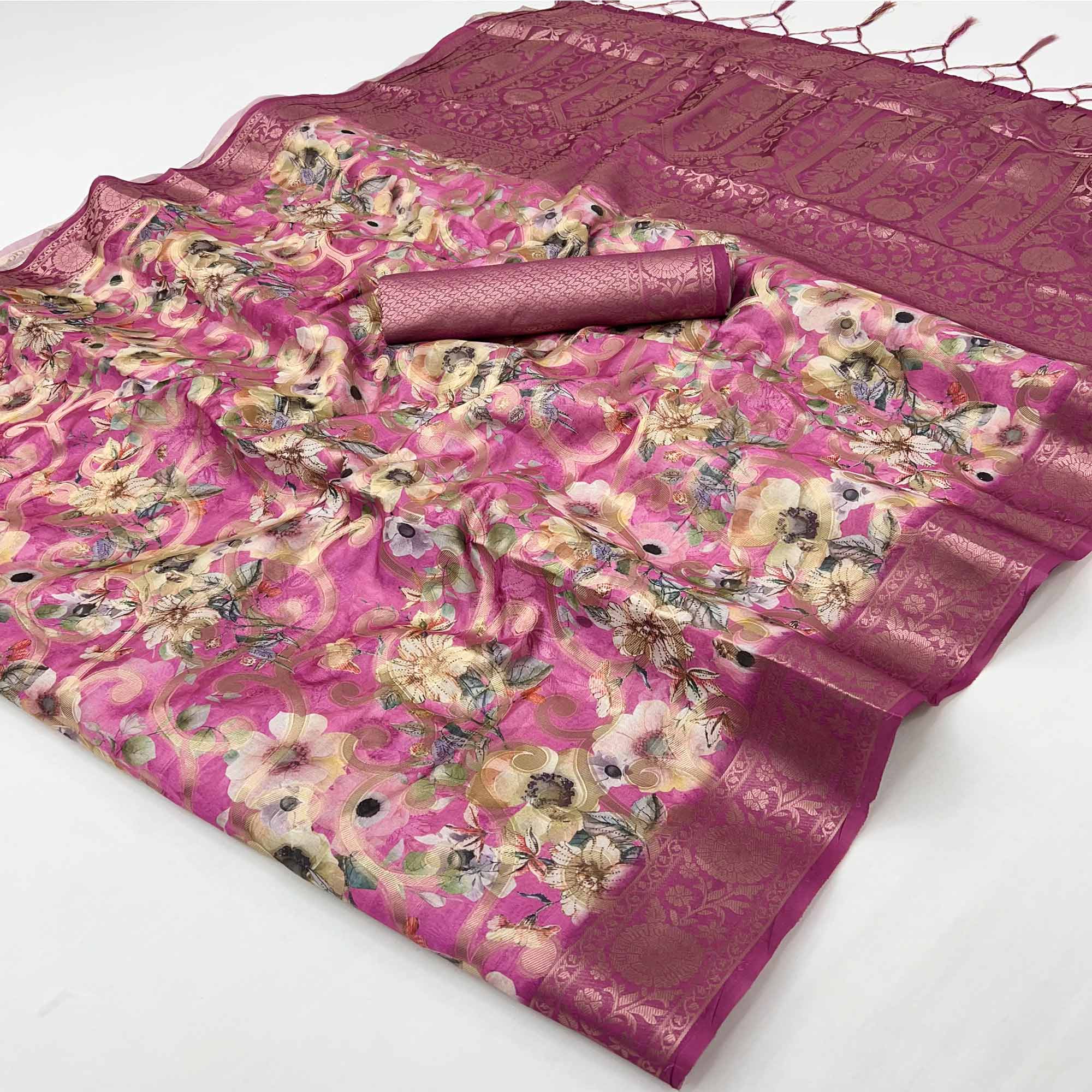 Stylish Rani Pink Floral Woven & Digital Printed Silk Blend Saree With Tassel Pallu