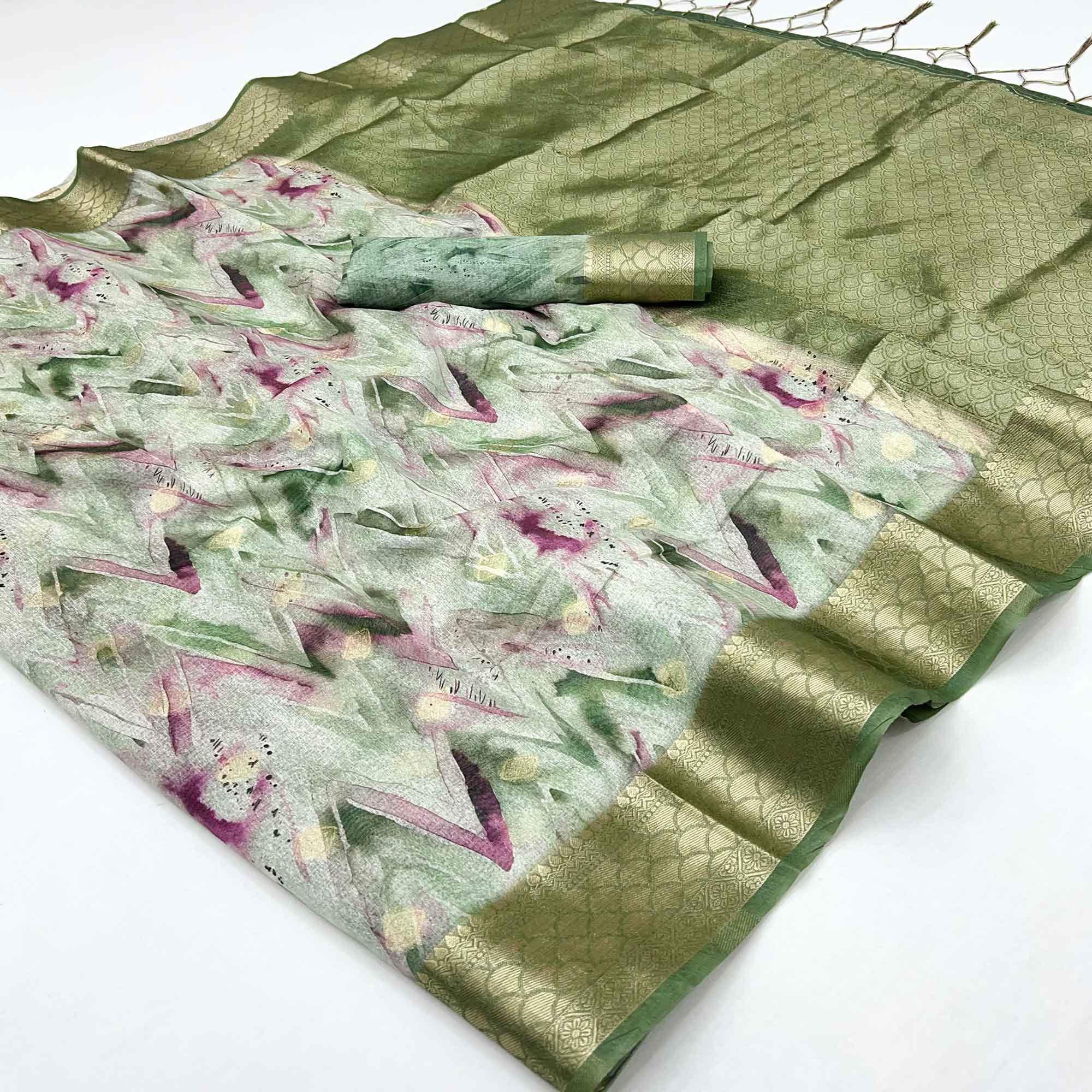 Elegant Green Silk Blend Saree With Zig-Zag Digital Print & Weaving Work
