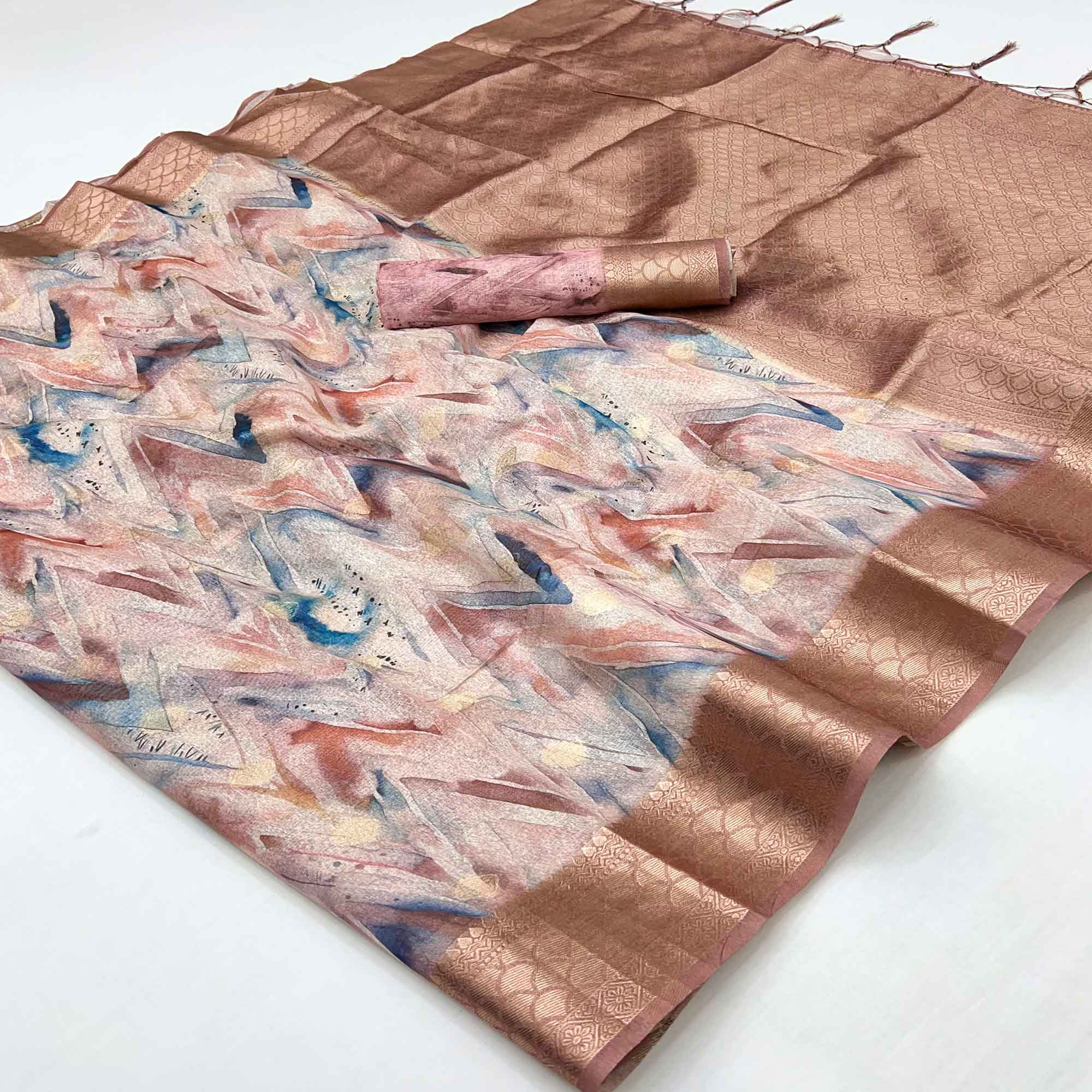 Elegant Peach Silk Blend Saree With Zig-Zag Digital Print & Weaving Work