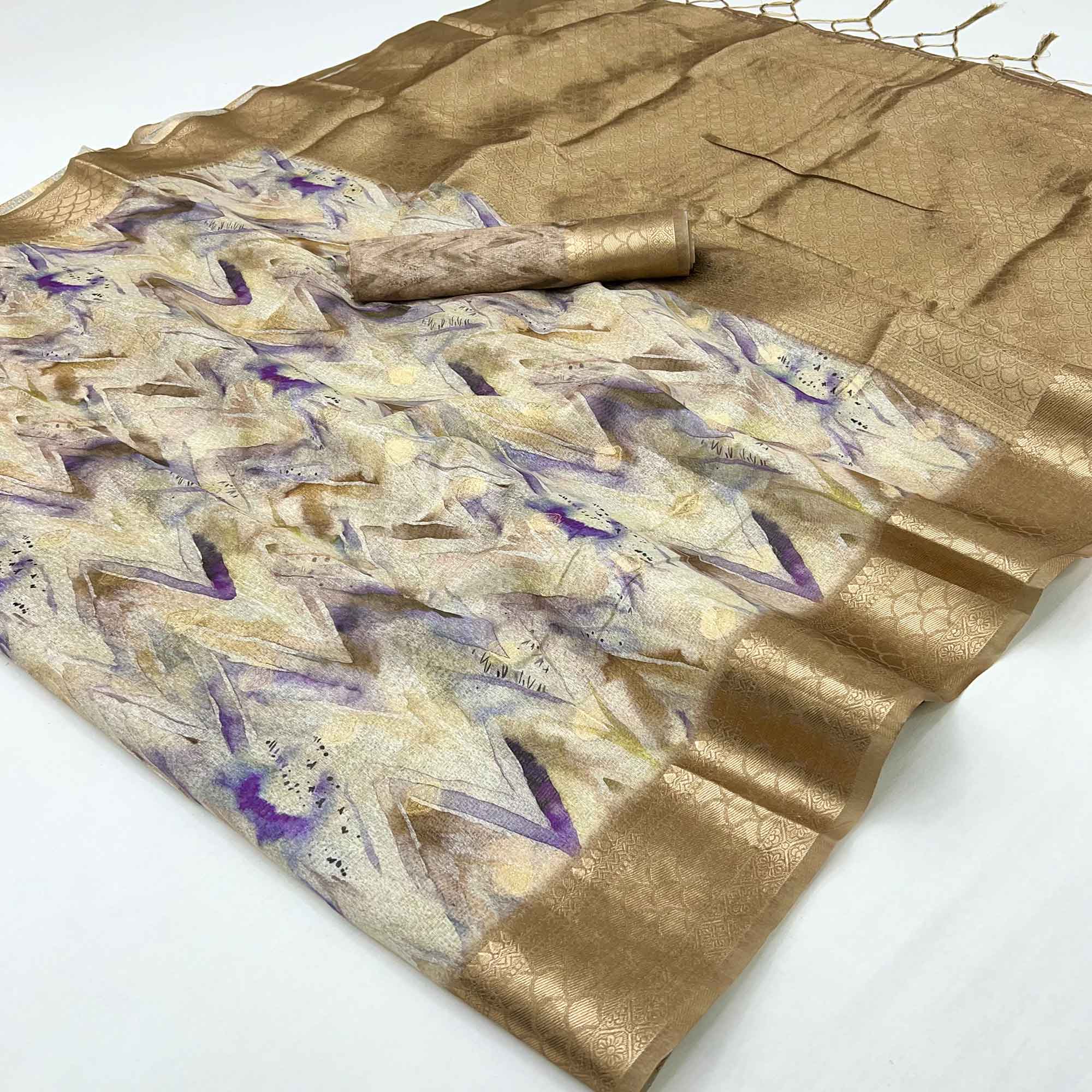 Elegant Chikoo Silk Blend Saree With Zig-Zag Digital Print & Weaving Work