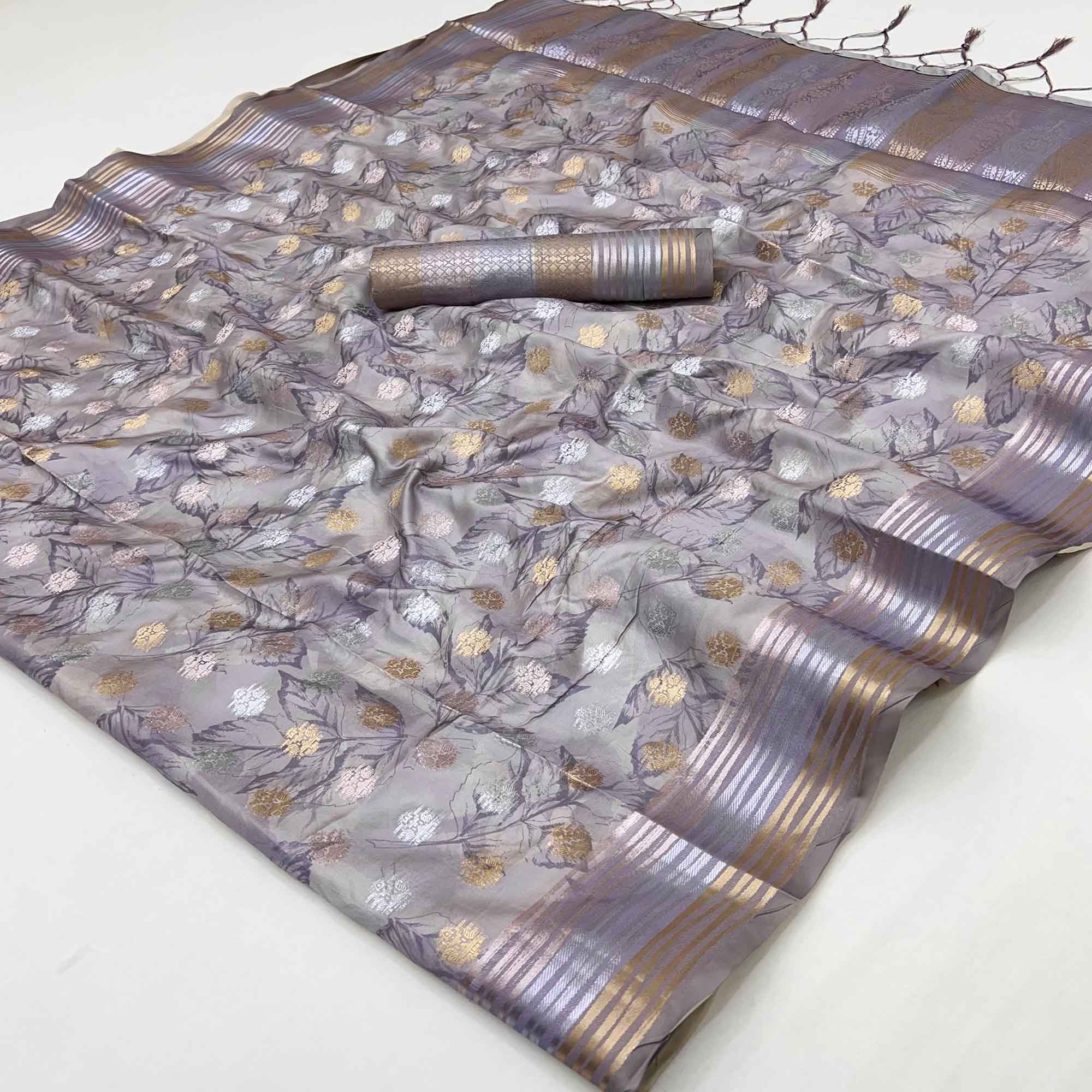 Lavender Floral Motif Weaving & Artistic Digital Printed Silk Blend Saree With Tassel Pallu