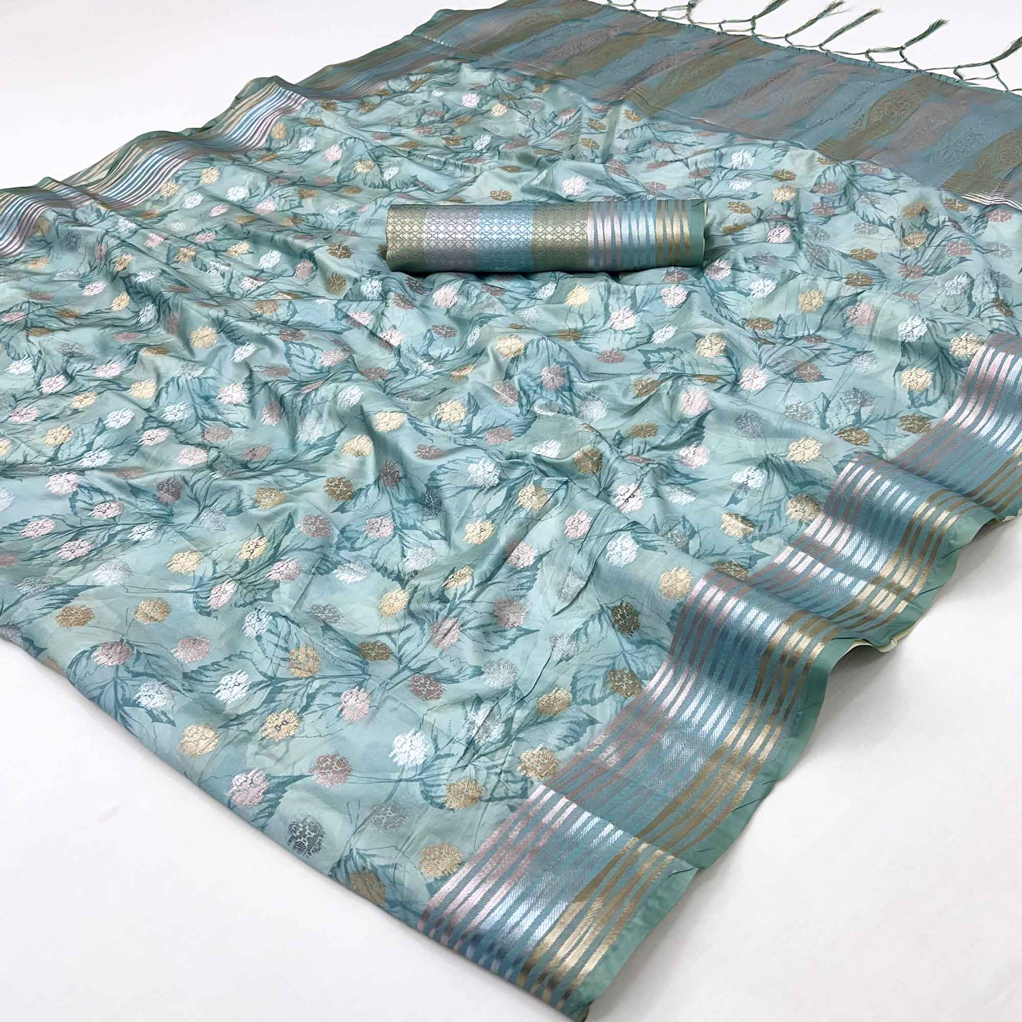 Dusty Turquoise Floral Motif Weaving & Artistic Digital Printed Silk Blend Saree With Tassel Pallu