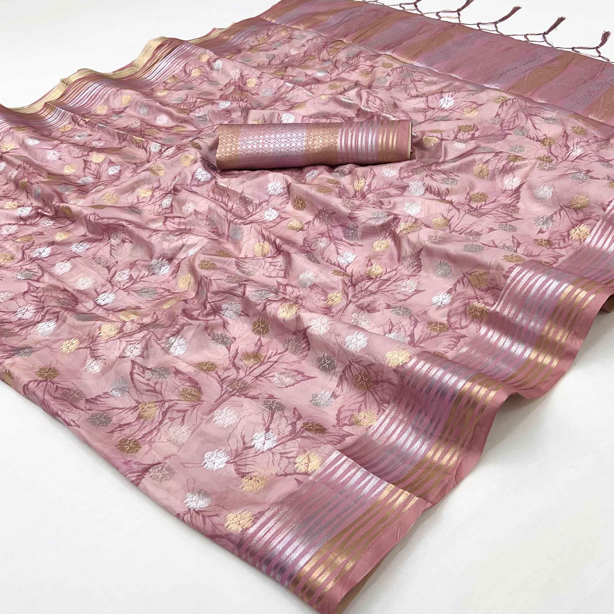 Dusty Pink Floral Motif Weaving & Artistic Digital Printed Silk Blend Saree With Tassel Pallu
