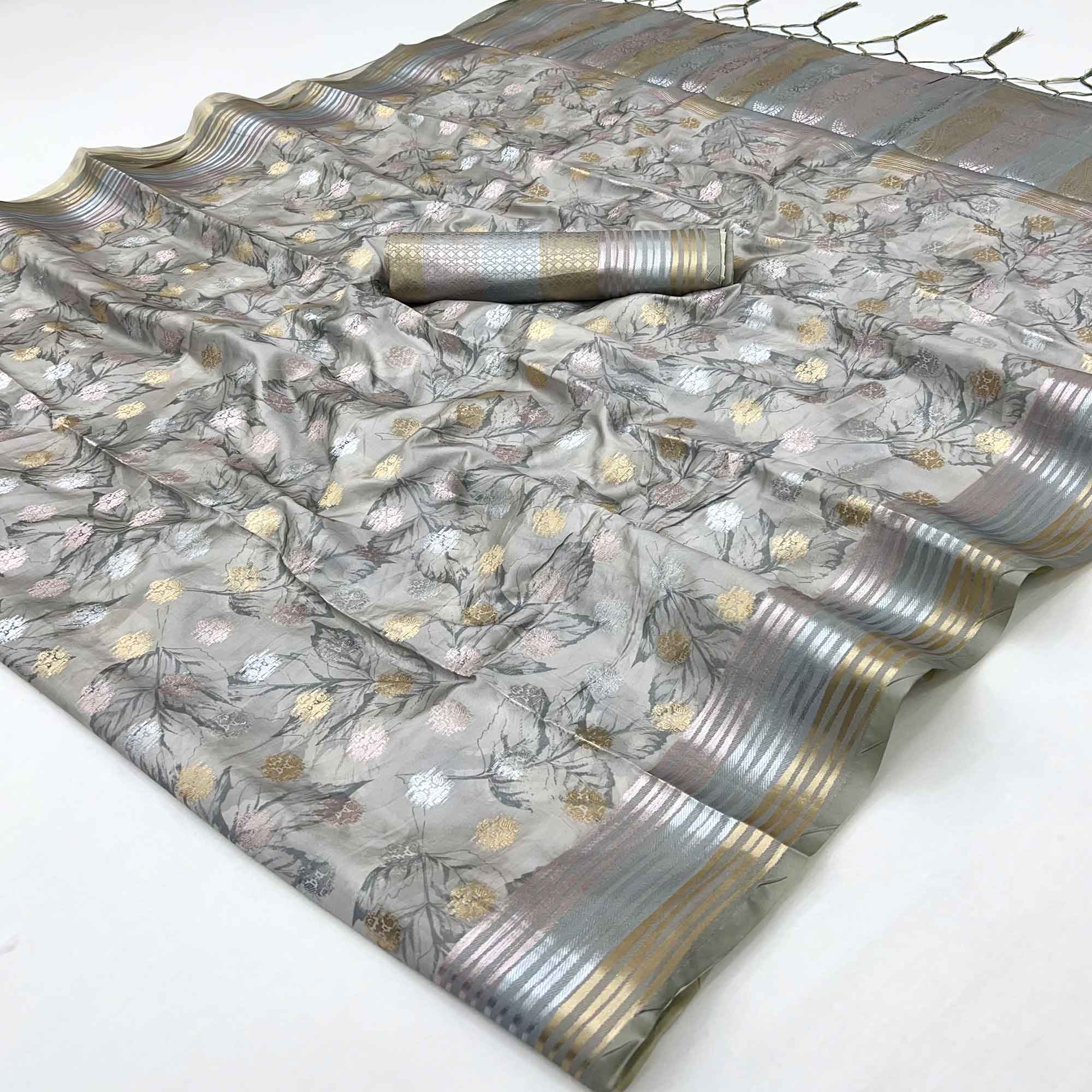 Grey Floral Motif Weaving & Artistic Digital Printed Silk Blend Saree With Tassel Pallu