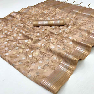 Dusty Peach Floral Motif Weaving & Artistic Digital Printed Silk Blend Saree With Tassel Pallu