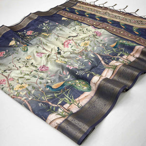 Charming Nav Blue Weaving Silk Blend Saree Adorned With Floral & Peacock Digital Prints