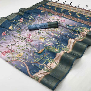 Charming Blue Weaving Silk Blend Saree Adorned With Floral & Peacock Digital Prints