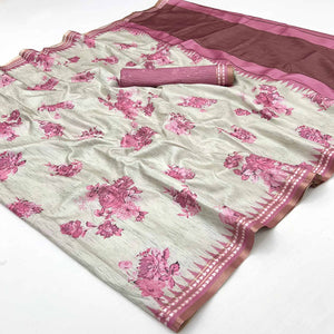 Charming Pink Silk Blend Saree Featuring Floral Digital Prints & Zari Border