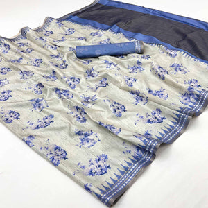 Charming Blue Silk Blend Saree Featuring Floral Digital Prints & Zari Border