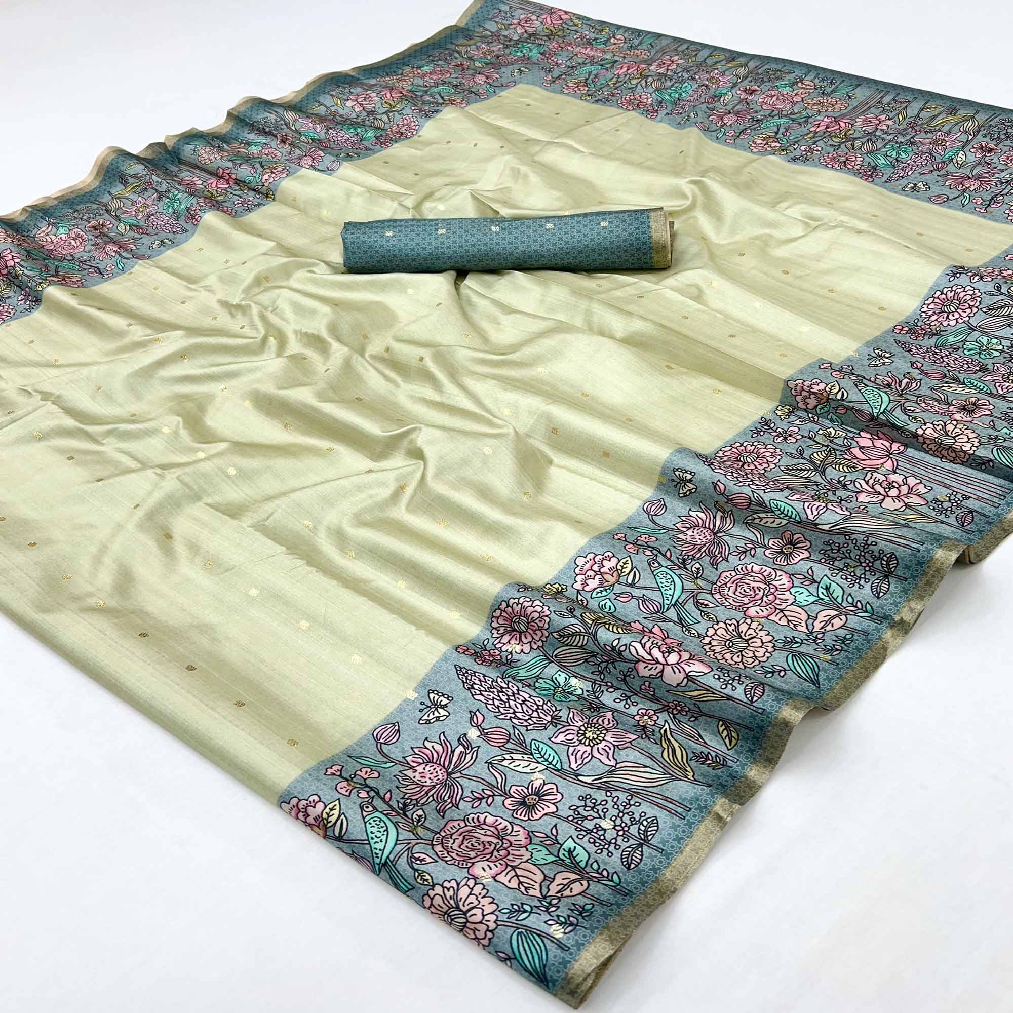 Majestic Chikoo & Teal Silk Blend Saree Enhanced With Floral Prints & Weaving Work