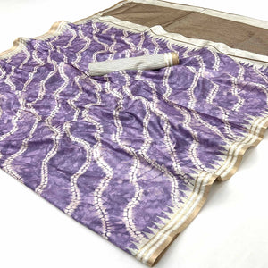 Opulent Lavender Silk Blend Saree Adorned With Digital Prints & Zari Border