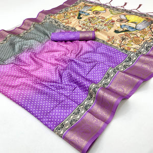 Purple Bandhani Digital Printed Silk Blend Weaving Saree With Artistic Madhubani Pallu With Tassel