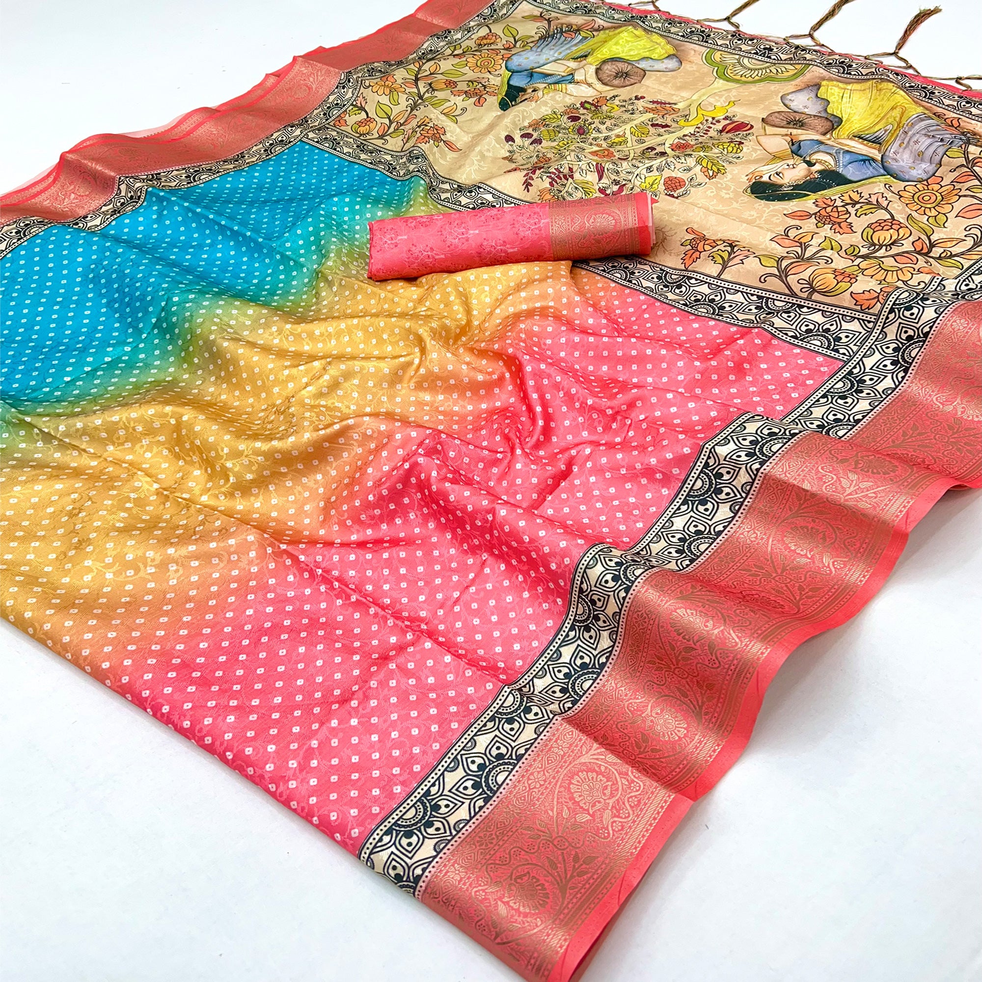 Coral Pink Bandhani Digital Printed Silk Blend Weaving Saree With Madhubani Pallu With Tassel