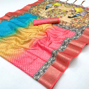 Coral Pink Bandhani Digital Printed Silk Blend Weaving Saree With Madhubani Pallu With Tassel
