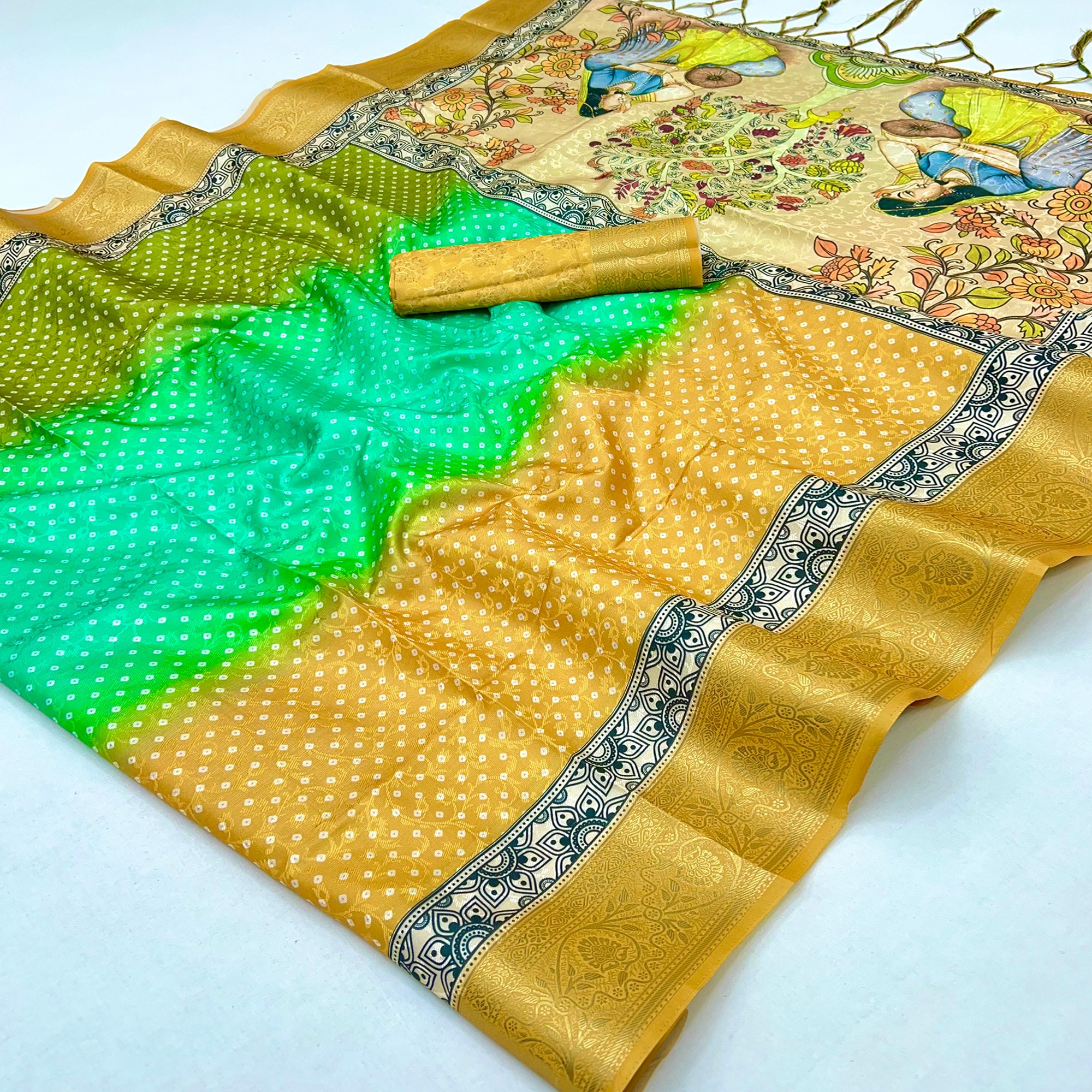 Mustard Bandhani Digital Printed Silk Blend Weaving Saree With Artistic Madhubani Pallu With Tassel