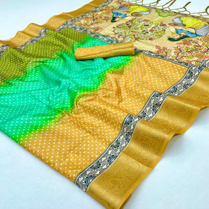 Mustard Bandhani Digital Printed Silk Blend Weaving Saree With Artistic Madhubani Pallu With Tassel