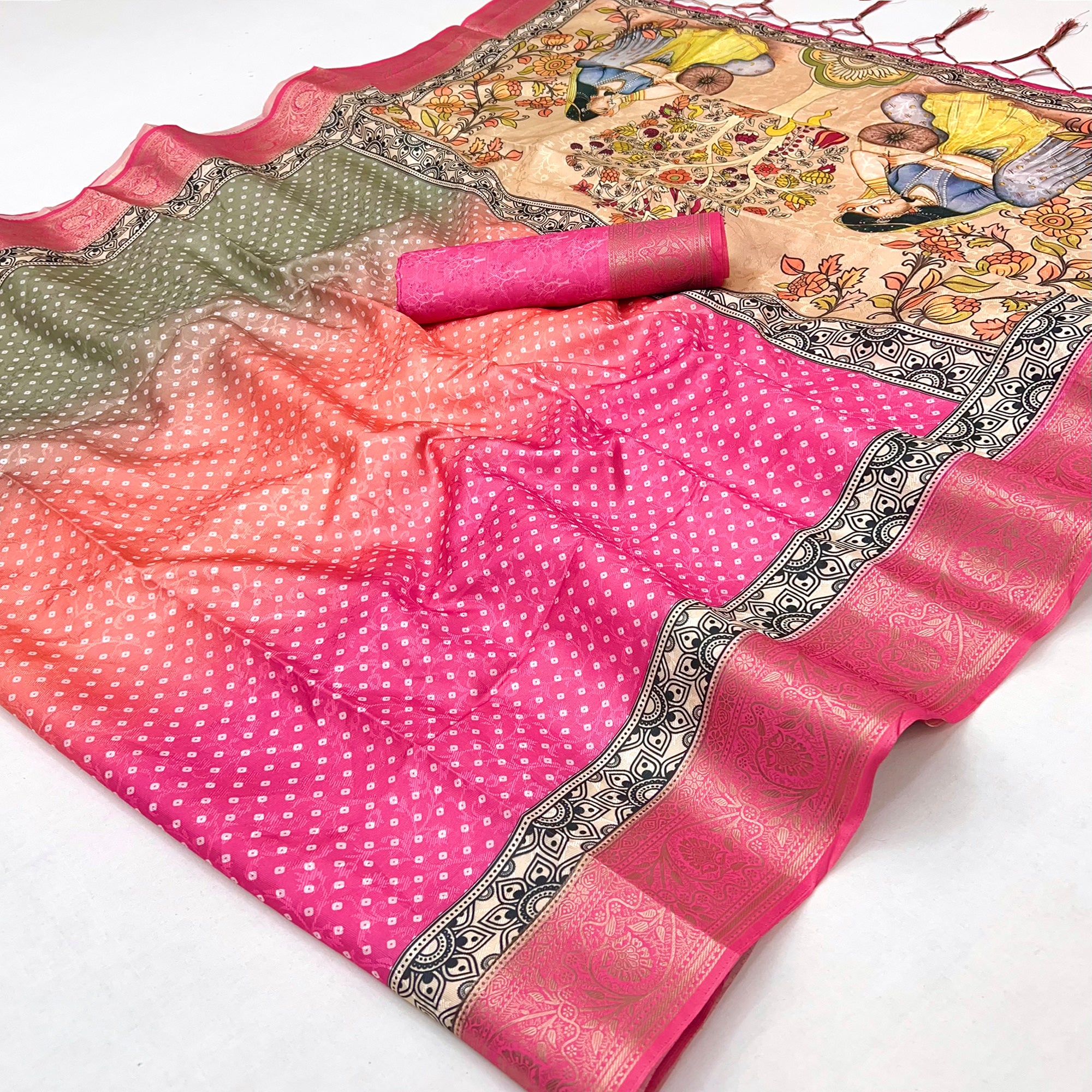 Rani Pink Bandhani Digital Printed Silk Blend Weaving Saree With Madhubani Pallu With Tassel