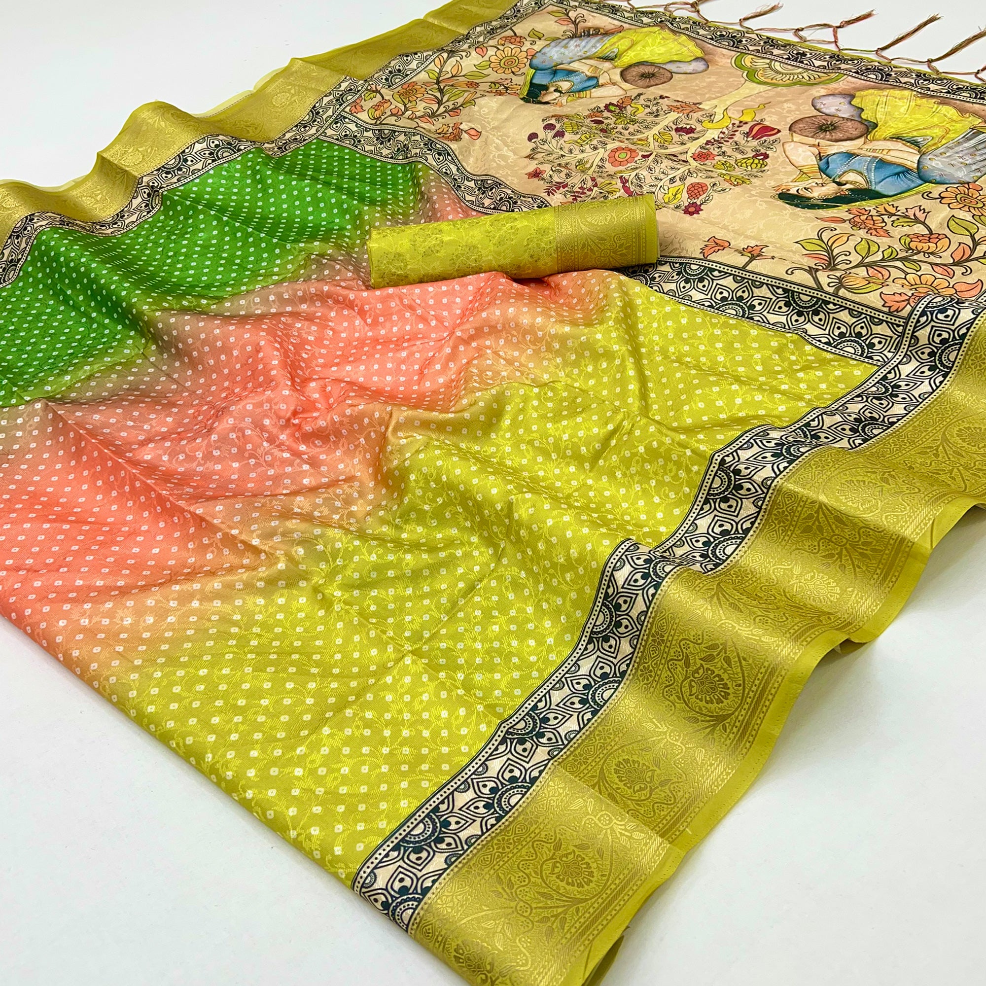 Green Bandhani Digital Printed Silk Blend Weaving Saree With Artistic Madhubani Pallu With Tassel