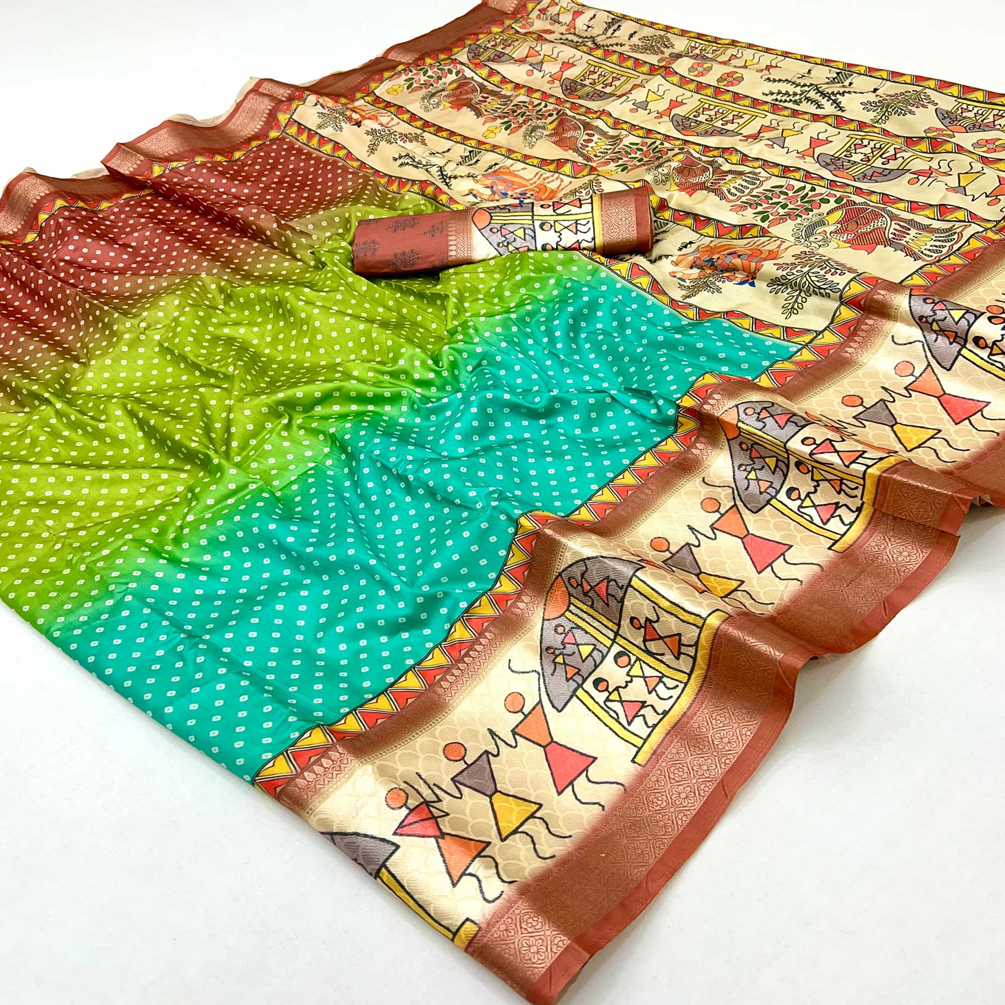 Rust Traditional Bandhani & Warli Digital Printed Silk Blend Saree With Weaving Border