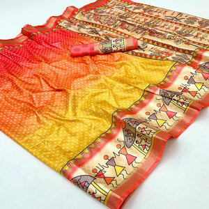 Coral Red Traditional Bandhani & Warli Digital Printed Silk Blend Saree With Weaving Border