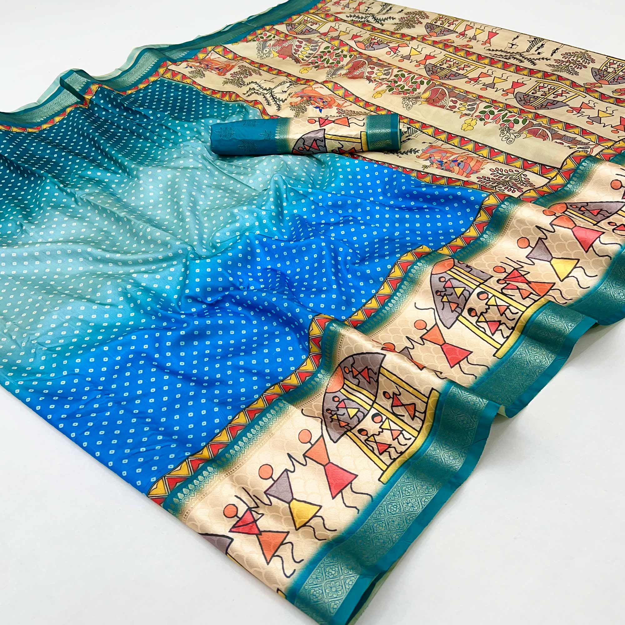 Teal Traditional Bandhani & Warli Digital Printed Silk Blend Saree With Weaving Border