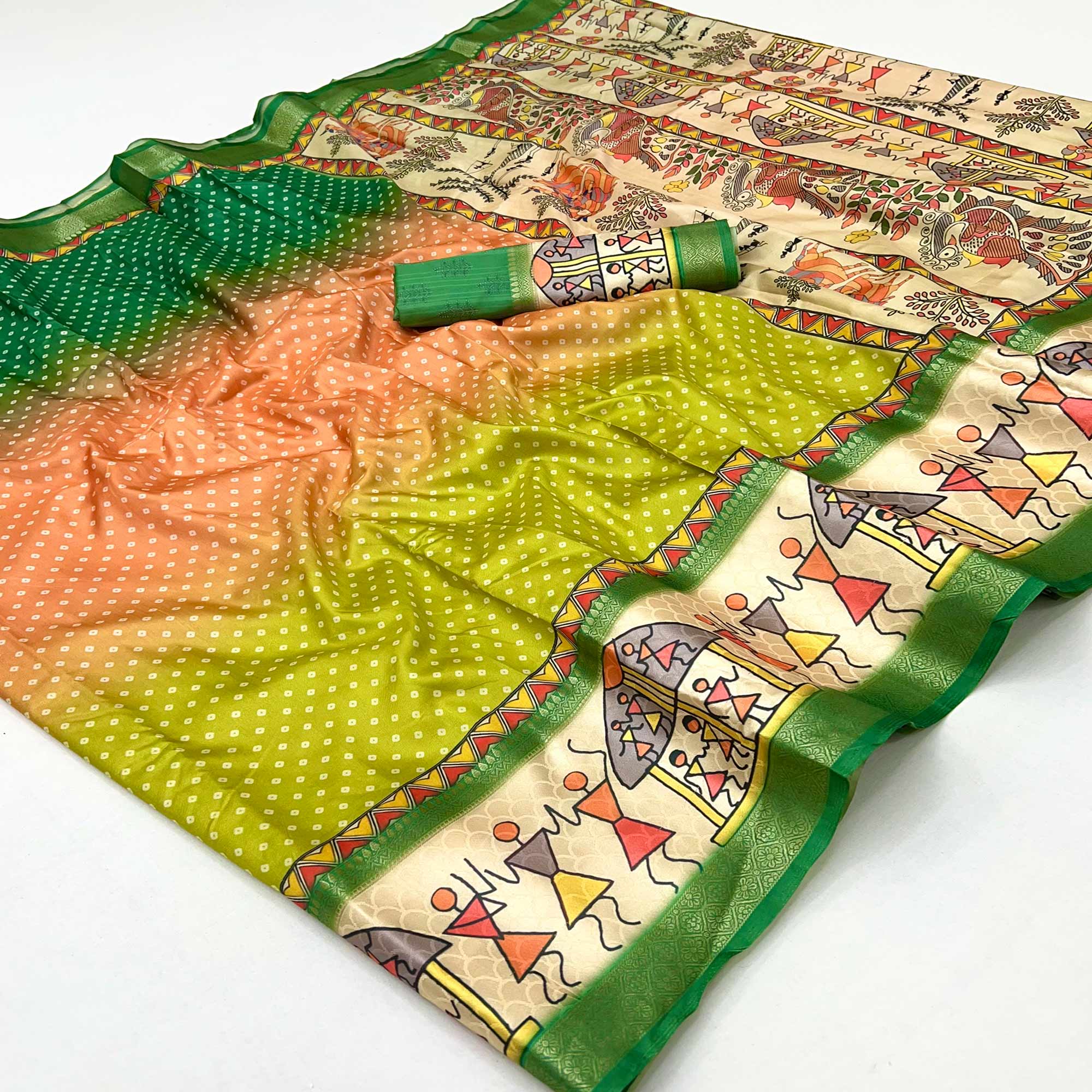 Green Traditional Bandhani & Warli Digital Printed Silk Blend Saree With Weaving Border