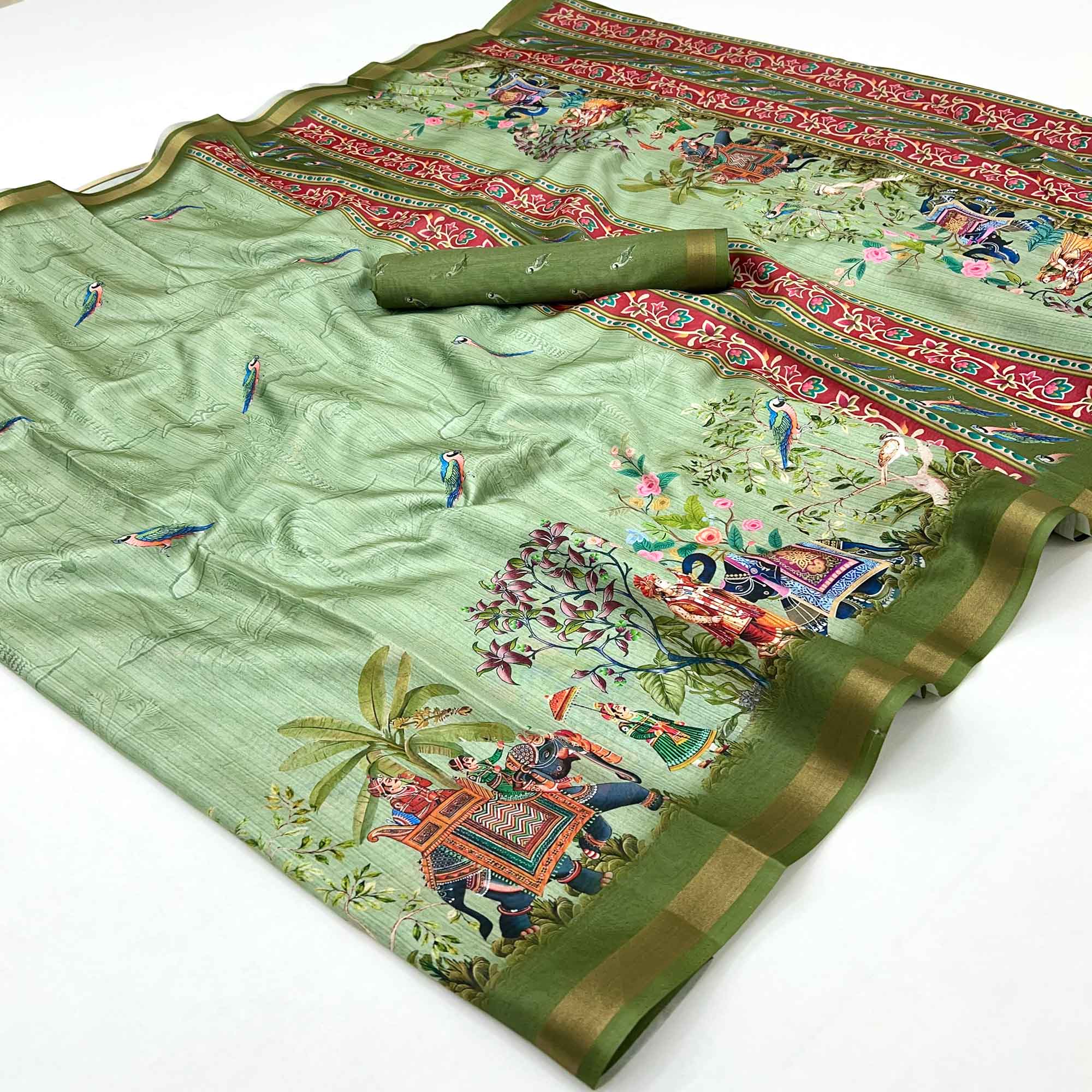 Green Dola Silk Saree With Majestic Elephant & Vibrant Peacock Digital Prints