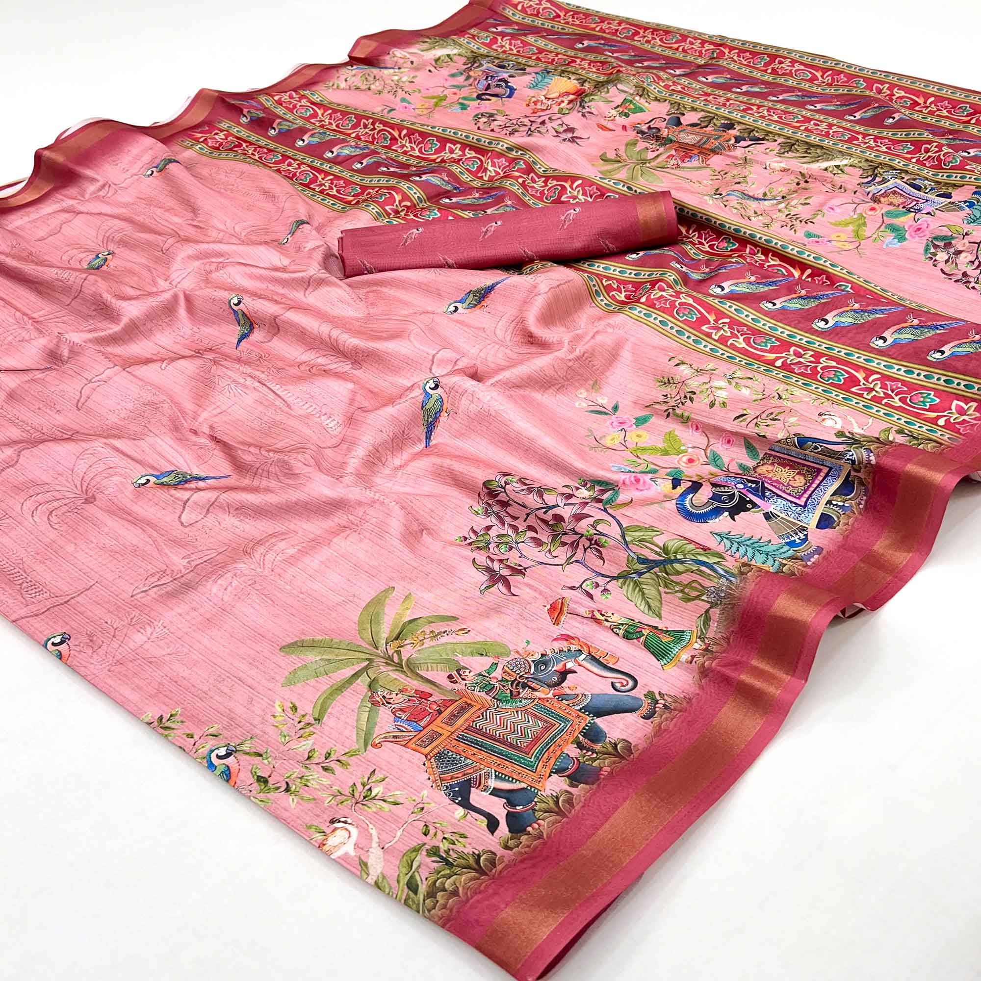 Pink Dola Silk Saree With Majestic Elephant & Vibrant Peacock Digital Prints