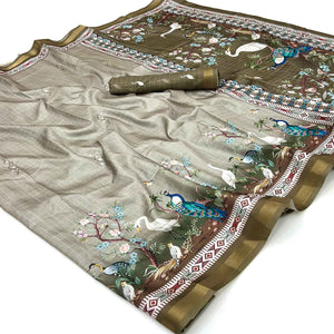 Grey Digital Printed Dola Silk Saree With Royal Floral & Peacock Motifs