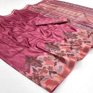 Ethereal Pink Floral Digital Printed Dola Silk Saree With Zari Border