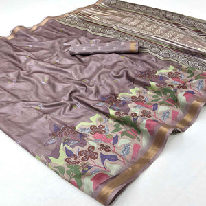 Ethereal Taupe Floral Digital Printed Dola Silk Saree With Zari Border