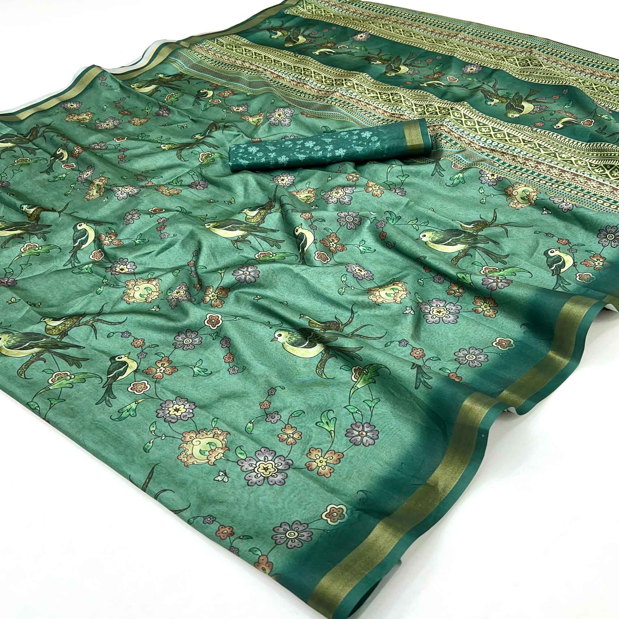 Green Floral & Bird Digital Printed Dola Silk Saree With Elegant Zari Border