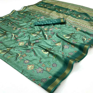 Green Floral & Bird Digital Printed Dola Silk Saree With Elegant Zari Border