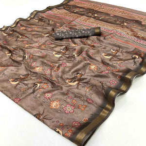 Brown Floral & Bird Digital Printed Dola Silk Saree With Elegant Zari Border