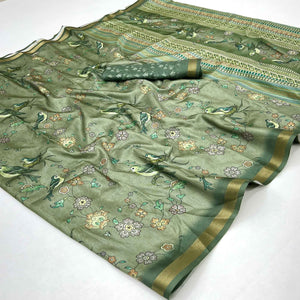 Green Floral & Bird Digital Printed Dola Silk Saree With Elegant Zari Border