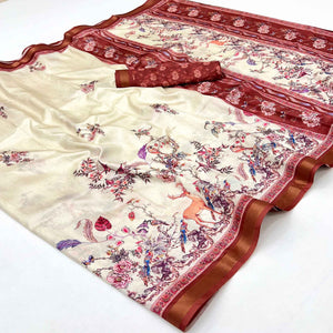 Cream Majestic Floral & Birds Digital Printed Dola Silk Saree With Refined Zari Border