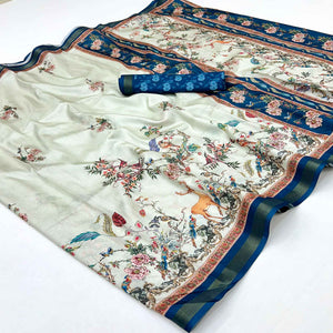 Pastel Green Majestic Floral & Birds Digital Printed Dola Silk Saree With Refined Zari Border