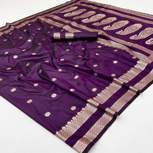 Purple Ornate Floral Zari Weaving Work Silk Blend Saree With Festive Shine