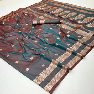 Teal Green Ornate Floral Zari Weaving Work Silk Blend Saree With Festive Shine