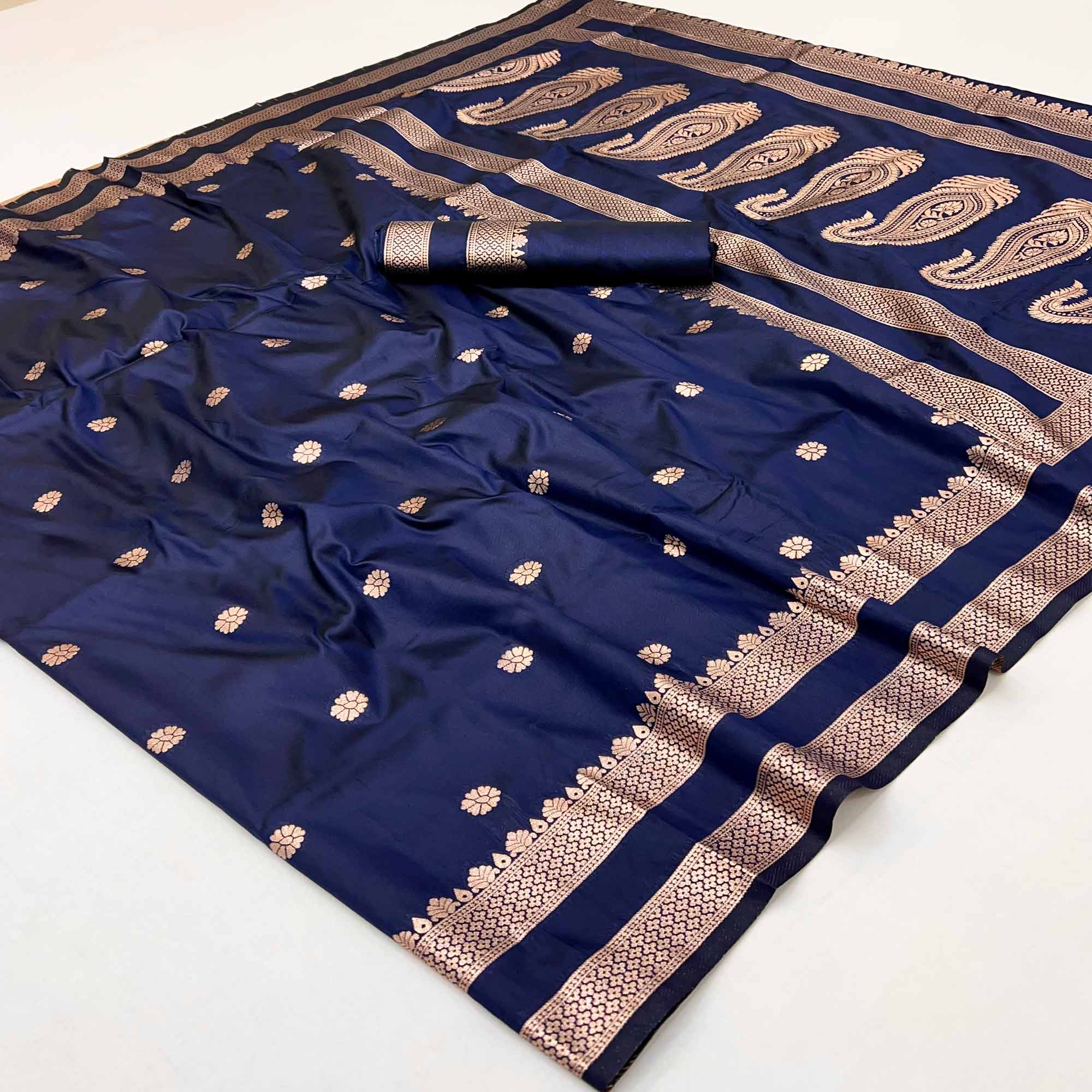 Navy Blue Ornate Floral Zari Weaving Work Silk Blend Saree With Festive Shine