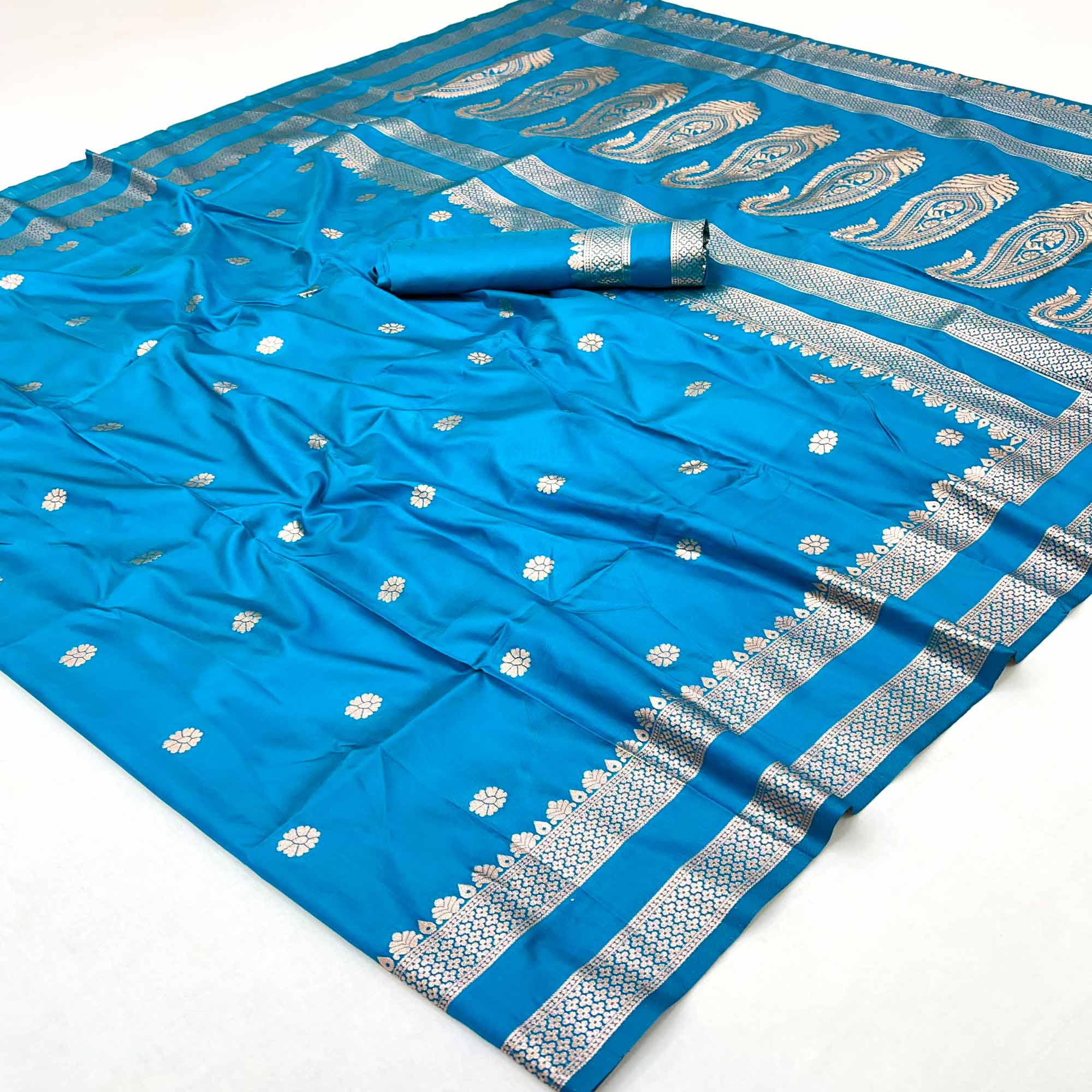 Blue Ornate Floral Zari Weaving Work Silk Blend Saree With Festive Shine