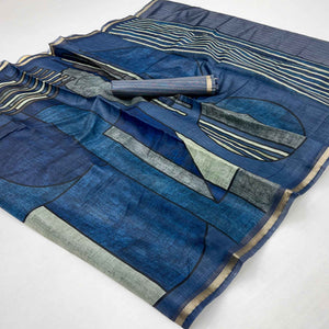 Blue Contemporary Geometric Digital Printed Viscose Saree With Gleaming Zari Border