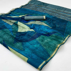 Teal Contemporary Geometric Digital Printed Viscose Saree With Gleaming Zari Border