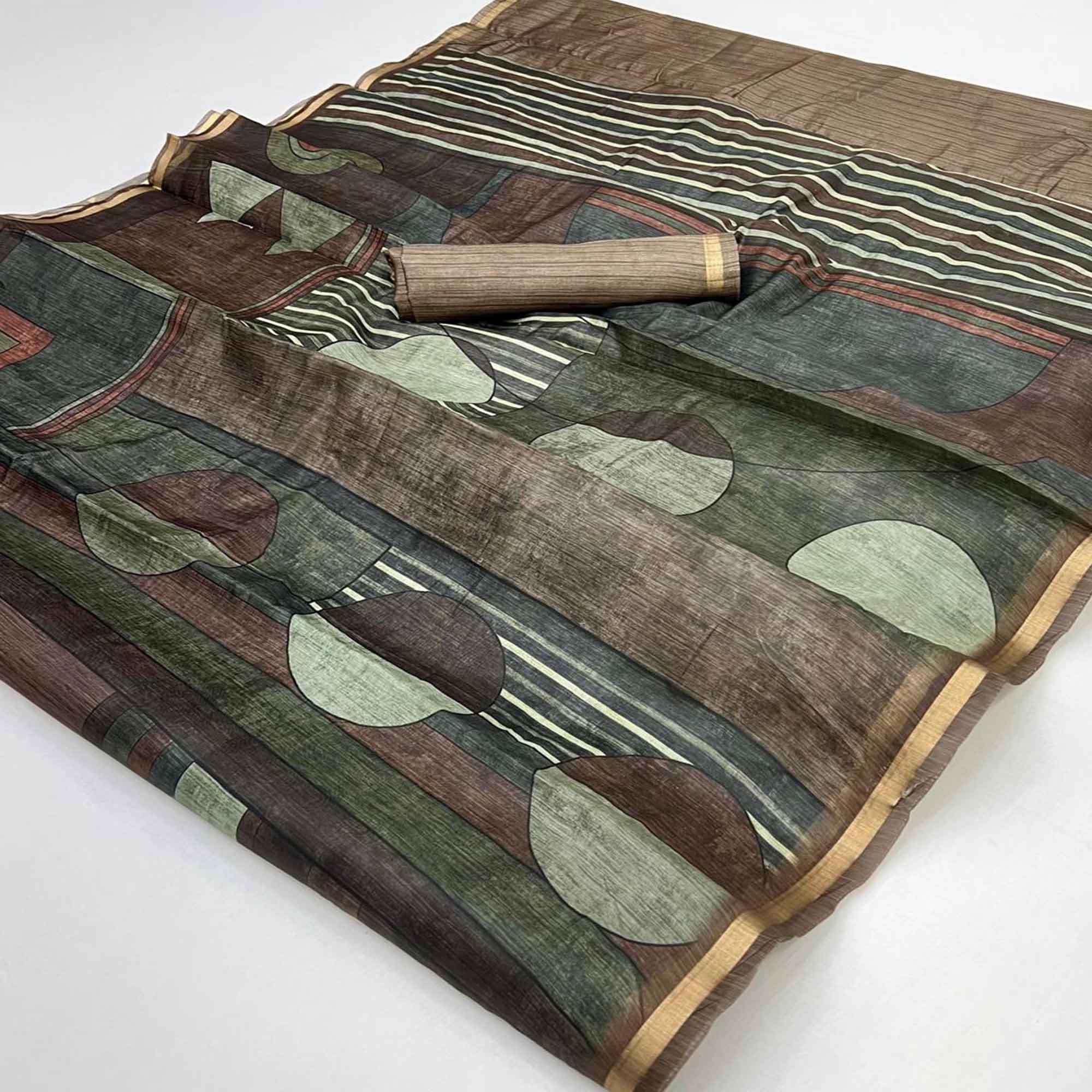 Brown Contemporary Geometric Digital Printed Viscose Saree With Gleaming Zari Border