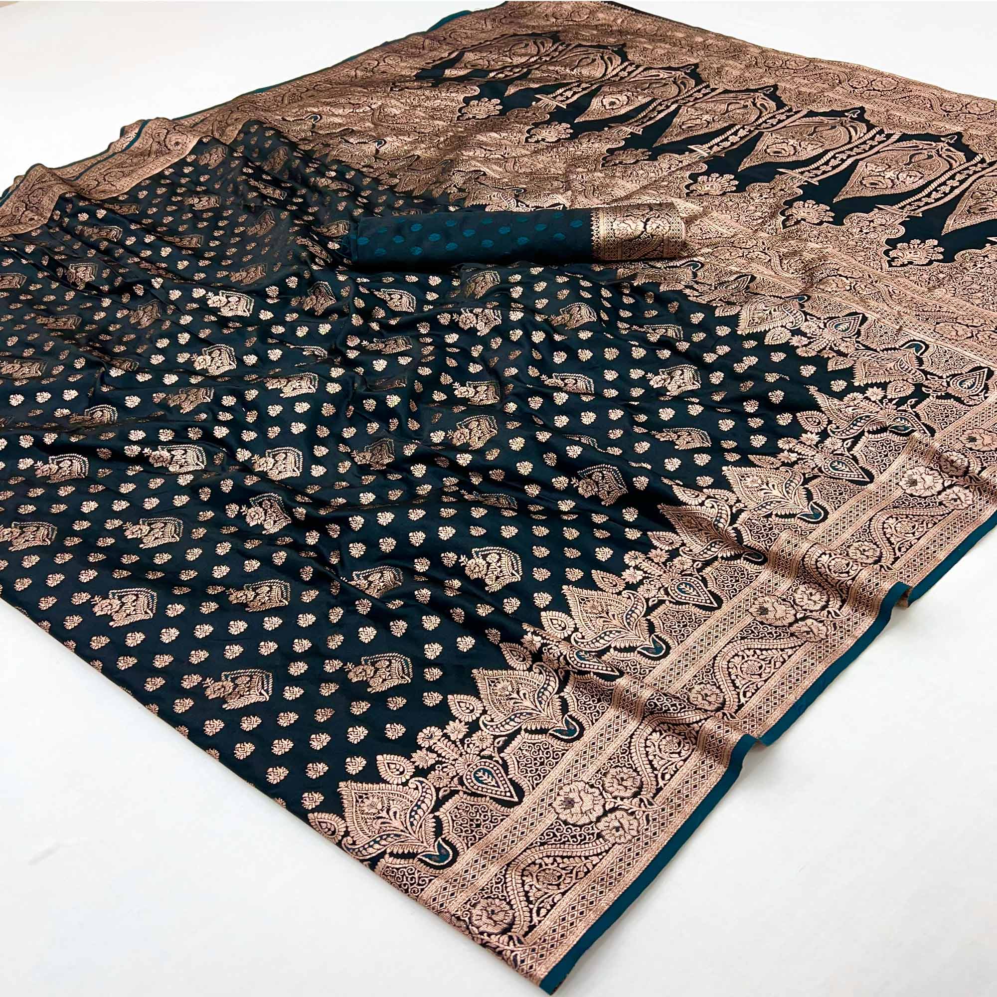 Morpich Blue Classic Floral Zari Weaving Satin Silk Saree With Sophisticated Drape