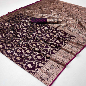 Wine Classic Floral Zari Weaving Satin Silk Saree With Sophisticated Drape