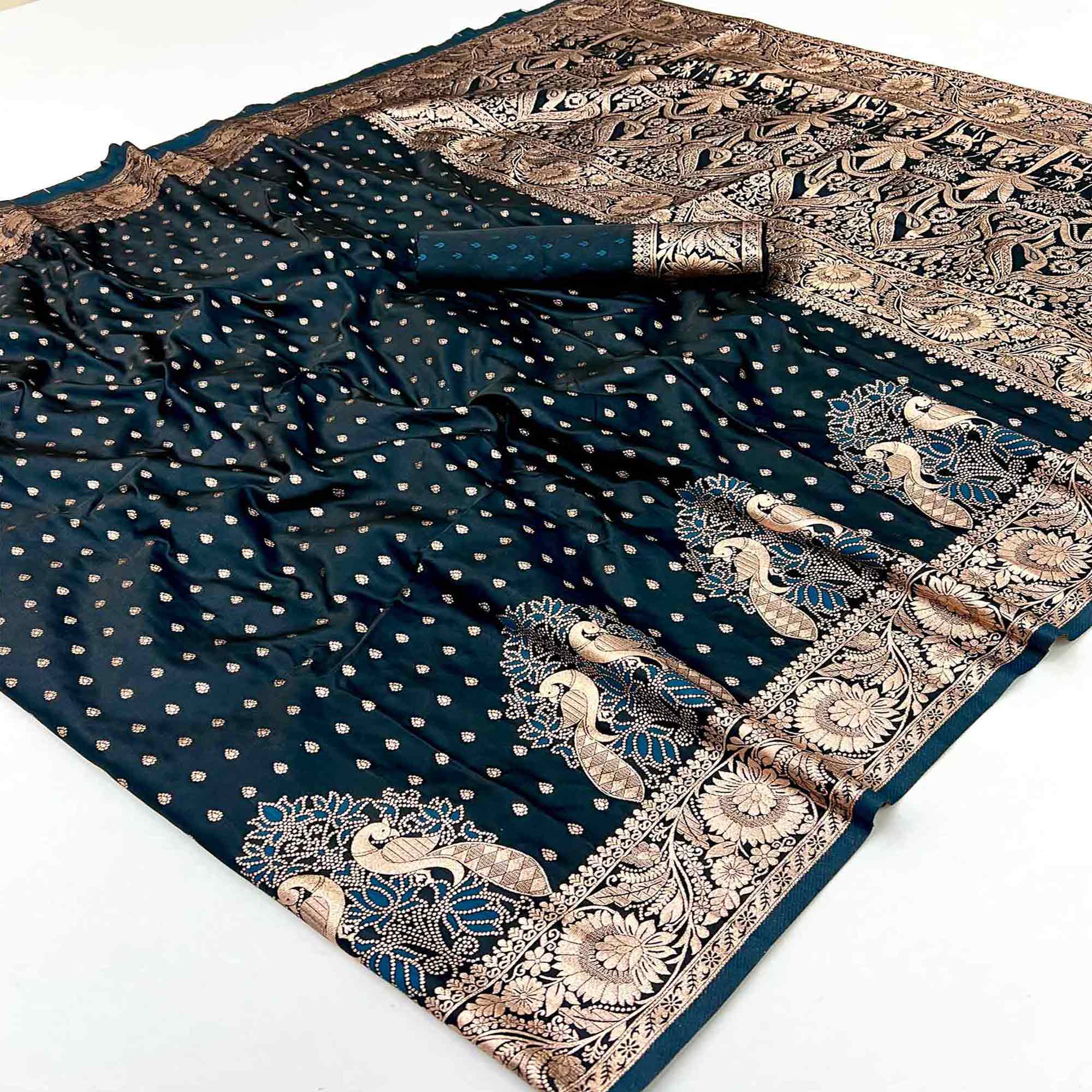 Dark Teal Classic Floral Zari Weaving Satin Silk Saree With Sophisticated Drape